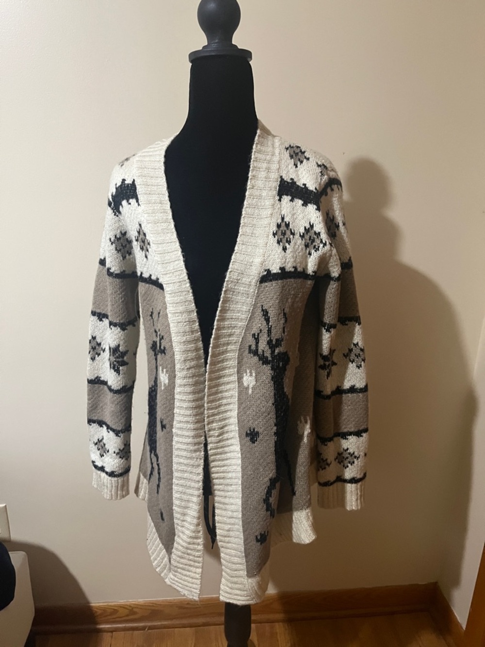 Open-Front Cream and Taupe Fair Isle Cardigan Sweater
